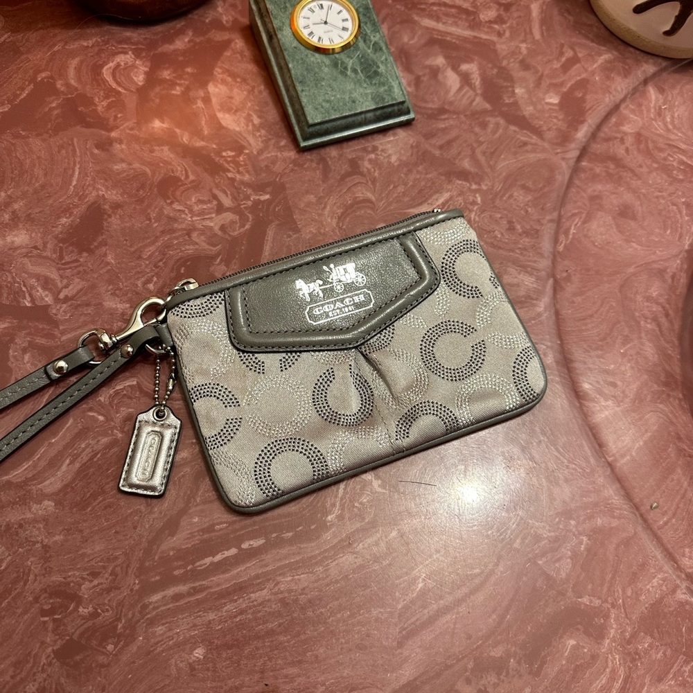 Coach Silver and Gray Sateen Signature Wristlet